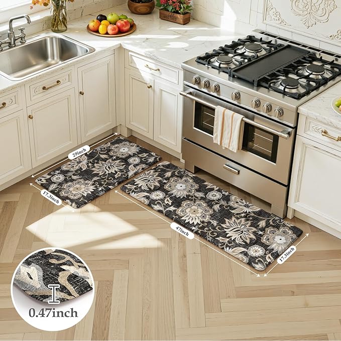 LEEVAN Anti Fatigue Mats for Kitchen Floor 2 Piece,Cushioned Memory Foam Black Kitchen Mats for Floor,Comfort Floral Boho Non Slip Kitchen Floor Mat for Sink,Laundry,Office(17''x29''+17''x47'')