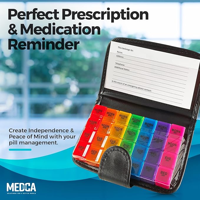 Weekly Travel Pill Organizer - Prescription and Medication Wallet Pill Box Reminder, a Extra Large Pill Container Dispenser Case, Caddy Organizer, for 4 Times A Day, 7 Days a Week, 7.5 x 4.5 Inches
