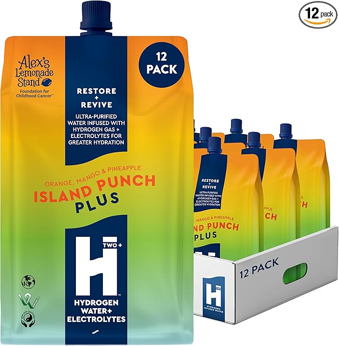 HTWO Plus Molecular Hydrogen Water with Electrolytes, Island Punch Flavor, Sugar Free Hydration Packets, 16.9oz 12 Pack, Energy Sports Drink, Performance & Recovery Support, Alternative to Hydrogenated Tablet - no Prep/Mess, 15 ppm