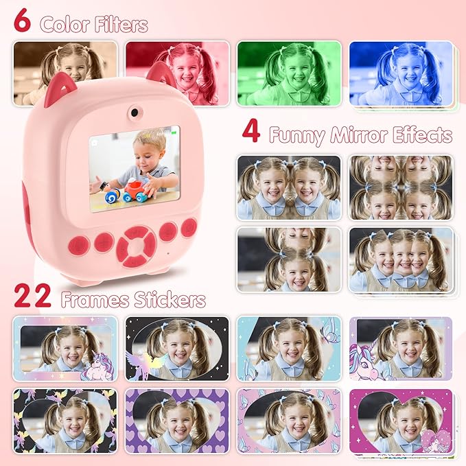 Kids Camera Instant Print, Multifunctional Toddler Camera with Photo Printing Instantly, 2.4 Inch HD Screen Digital Camera for Kids,Christmas Birthday Gifts for 3-12 Year Old Girls(Pink)