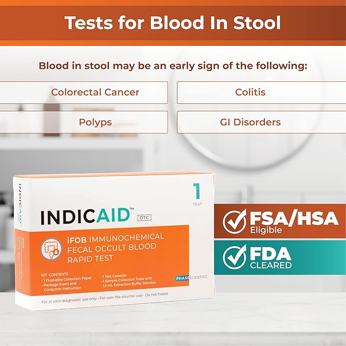 INDICAID Immunochemical Fecal Occult Blood Rapid Test (iFOB), FIT Colon Test, Accurate and Easy at Home, No Prep Required (1 Pack)
