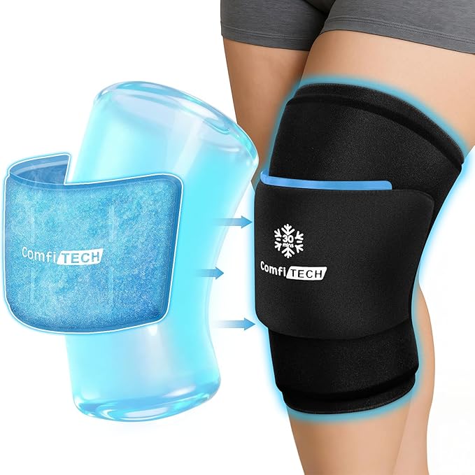 ComfiTECH Dual-Gel Pack Knee Ice Sleeve with Extended 30-Minute Cooling, Detachable Ice Pack & Flexible Reusable Gel Ice Wrap for Soothing Discomfort & Fatigue in Knee, Thigh and Calf, Large