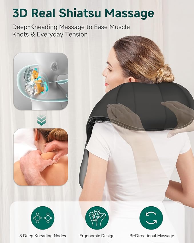 Snailax Shiatsu Neck and Shoulder Massager - Back Massager with Heat, Deep Kneading Electric Massage Pillow for Neck, Back, Shoulder,Foot,Body