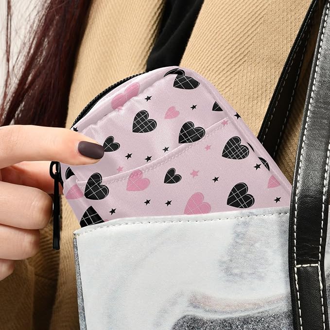 Fustylead Cute Pink and Black Heart with Grid Design Travel Pill Organizer Bag with Zipper Small Pill Box 7 Day Pill Case for Purse Storage Weekly Vitamin Medicine Supplement