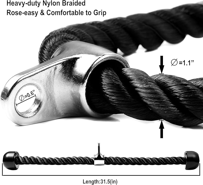 Deluxe Tricep Rope Pull Down Cable, 27 & 36 Inch Rope Length, Easy to Grip & Non-Slip Cable Attachment for Gym Workout Exercise