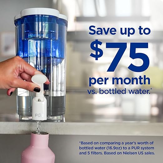 PUR 30-Cup Countertop Water Filter Dispenser, 1 Genuine PUR Filter, 2-in-1 Powerful Filtration, Lasts 2 Months or 40 Gallons, Dishwasher Safe, White/Blue (DS1800Z)