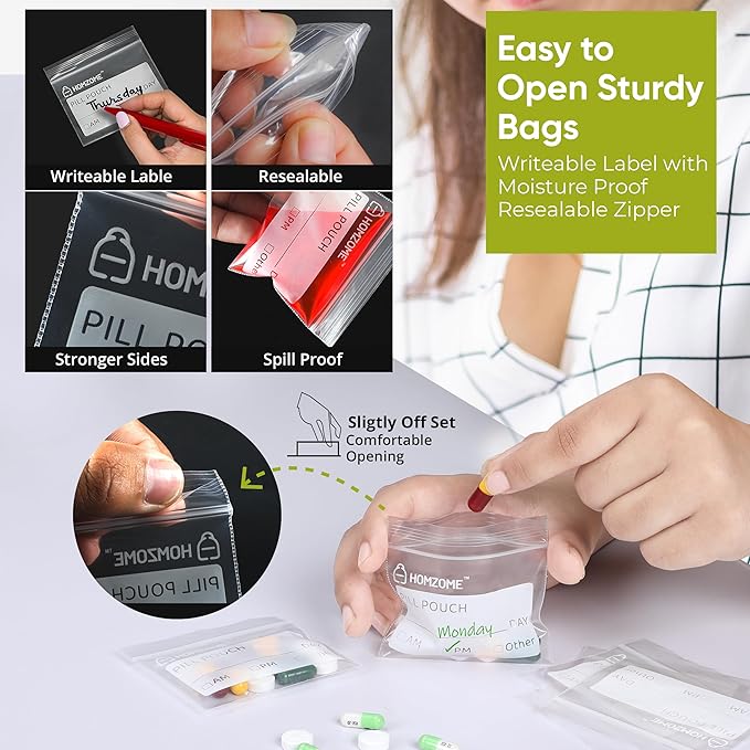 Homezome Pill Pouch Bags 6 mil Pack of 500- BPA Free 3x2.75 inches Reusable Pill Pouches for Medicine with Write on Label Clear Small ziplock Bags for Pills, Jewelry and Travel Pill Organizer