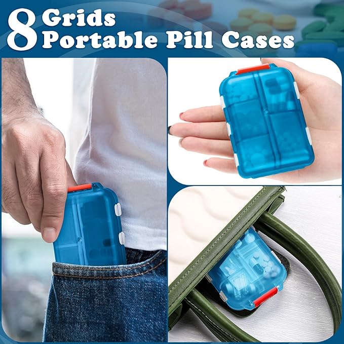 Meekoo 8 Pcs Travel Pill Organizer Pocket Portable Pill Case Daily Container Small Container Medicine Travel with 10 Compartments for Purse Fish Oil Medicine(Sky Blue)