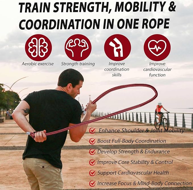Flow Rope Weighted Fitness Jump Rope for Women Men Workout, Adjustable 1.44lb Heavy Rope for Adult Exercise, Mobility & Coordination Training at Home Gym & Outdoors