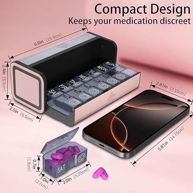 Pill Organizer 7 Day AM PM, Discreet 2 Times a Day Weekly Pill Box with Double Protection Shell, Large Capacity Portable Vitamin Case for Travel Meds & Medicine Organizer (Silver and Pink)