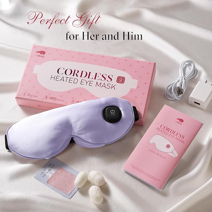 LitBear Heated Eye Mask, Silk Cordless Warm Eye Compress for Dry Eyes, Light Blocking Heat Eye Mask for Women Men, Soft Eye Heating Pad for Dry Eyes, Travel, Rechargeable, Washable Cover (Purple)