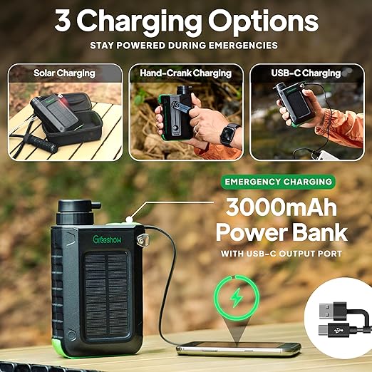 Greeshow Electric Water Filter, 0.01 Micron Survival Filtration System with Solar, Hand Crank Charger & LED Flashlight | Portable Pump for Camping Gear, Hiking & Emergency Kits
