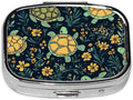 Pill Box-2 Compartment Small Pill Case Square Organizer Case with Mirror Portable Metal Medicine Box Travel Container for Pocket & Purse Women Men（Sea Tutle Yellow Flower）