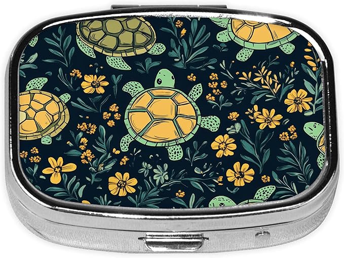 Pill Box-2 Compartment Small Pill Case Square Organizer Case with Mirror Portable Metal Medicine Box Travel Container for Pocket & Purse Women Men（Sea Tutle Yellow Flower）