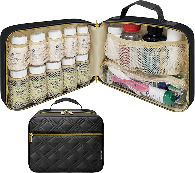 Large Quilted Pill Bottle Organizer - 10 Pockets Soft Medicine Bag for Travel & Home Storage - Black