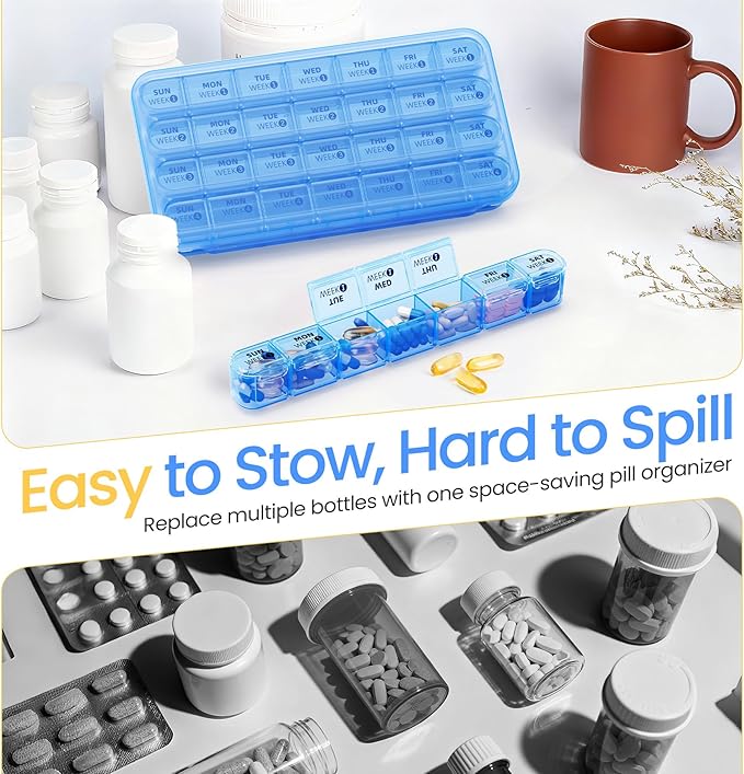 Betife Monthly Pill Organizer 1 Time a Day, 4 Weekly Pill Box Organizer Once a Day, 30 Day Large Pill Case for Travel, 31 Day Daily Medcine Container for Vitamins, Supplement & Medication (Blue)