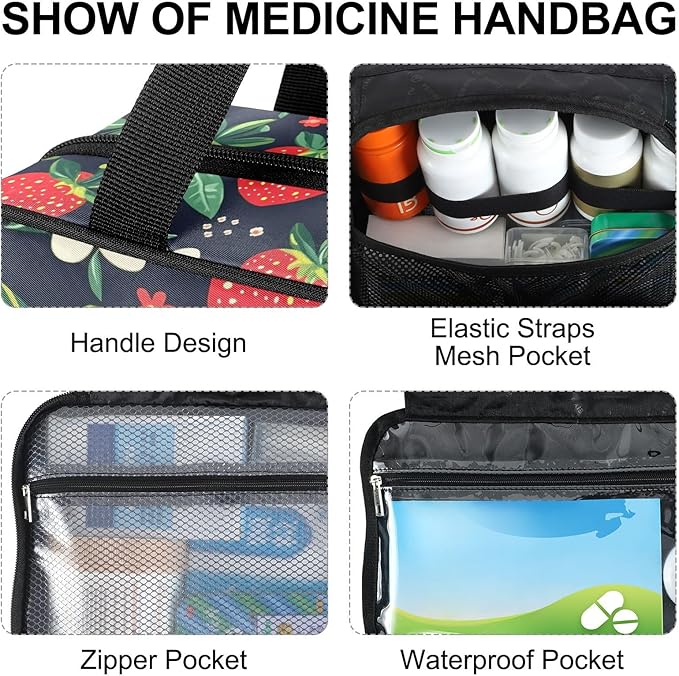 Fustylead Hand Draw Red Strawberry and Beautiful Floral Travel Pill Bottle Organizer Large Home Storage Medication Bag with Zipper for Vitamins, First Aid, Fish Oil, Medical Supplies