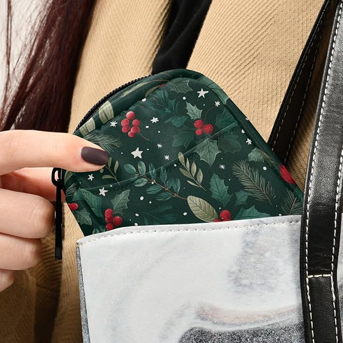 Holly Berries Pine Needles Stars Dark Green Travel Pill Organizer Case Box Container Weekly Portable Vitamin Medicine Holder Storage Bag with Zipper Removable