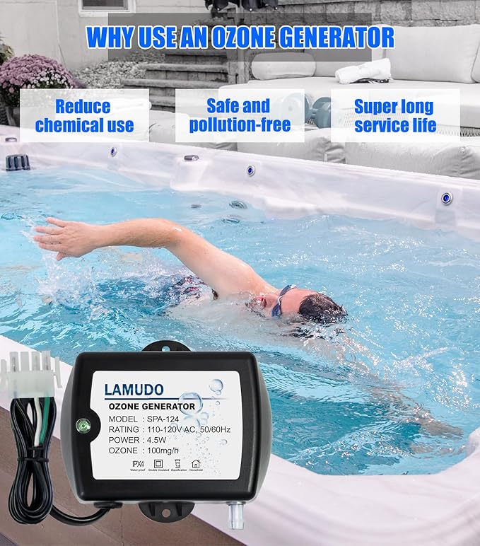 Ozone Generator for Hot Tubs, SPA Ozonator with Injector Venturi for Cold Plunge and Swim Spas, Portable Mini Ozone Generator with Check Valve and Tubes(AMP-4 Plug)