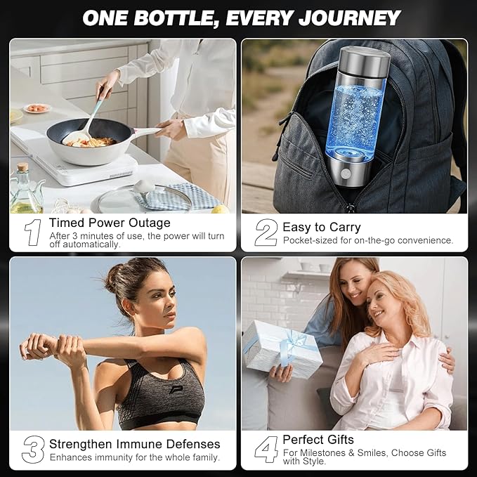 Hydrogen Water Bottle, Hydrogen-Rich Water Generator Bottles -Upgraded SPE/PEM Technology, Portable Rechargeable Hydrogenated Water Glass Bottle (Suitable for Purified & Distilled Water)