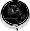 Pill Box, 3 Compartments Small Pill Case Travel Portable Metal Medicine Box with Mirror Mini Container for Purse Pocket Women Men(Black Cat)