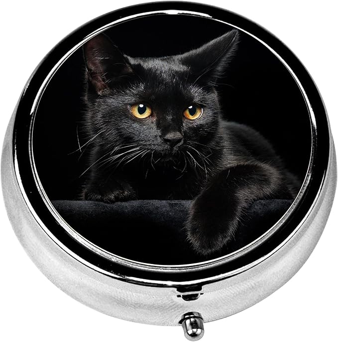 Pill Box, 3 Compartments Small Pill Case Travel Portable Metal Medicine Box with Mirror Mini Container for Purse Pocket Women Men(Black Cat)