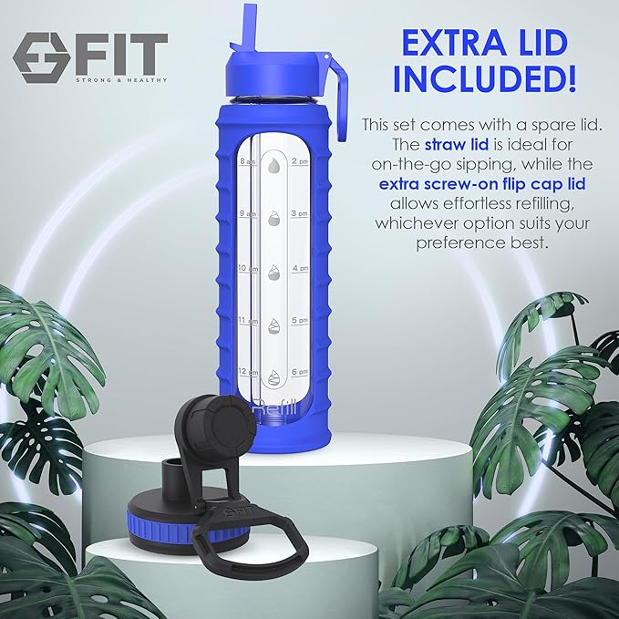 FIT Strong & Healthy 32 oz Glass Water Bottle with Straw Lid - Wide Mouth Borosilicate Glass Water Bottles with Time Marker, Silicone Sleeve & Extra Lid - 1L Large Motivational Drinking Bottle