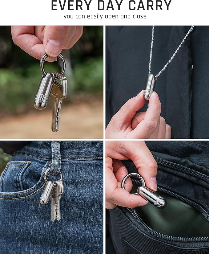 TISUR Small Keychain Pill Holder, Titanium Pill Case Waterproof Pill Fob for Travel Purse Pocket, Portable Pill Container Box Pill Organizer Tube (Upgrade Tiny 2pcs)