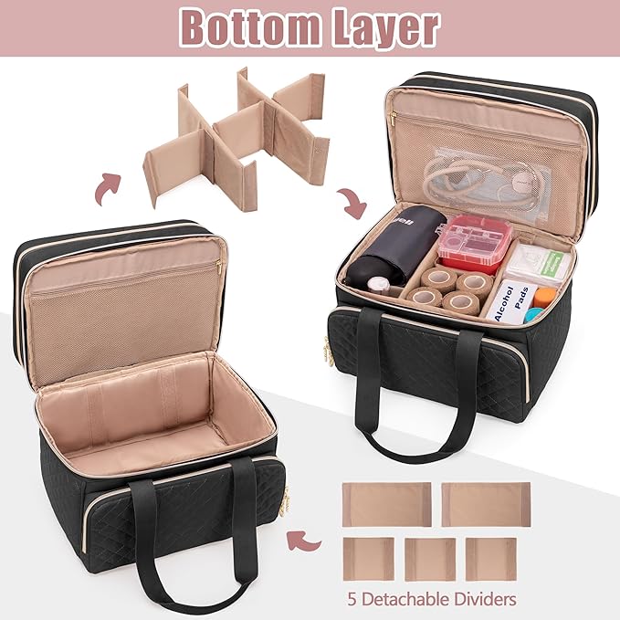Yarwo Double Layers Medicine Pill Bottle Organizer Empty, Lockable Medication Travel Storage Bag with 5 Customized Dividers for Emergency Home Outdoor First Aid Supplies, Black
