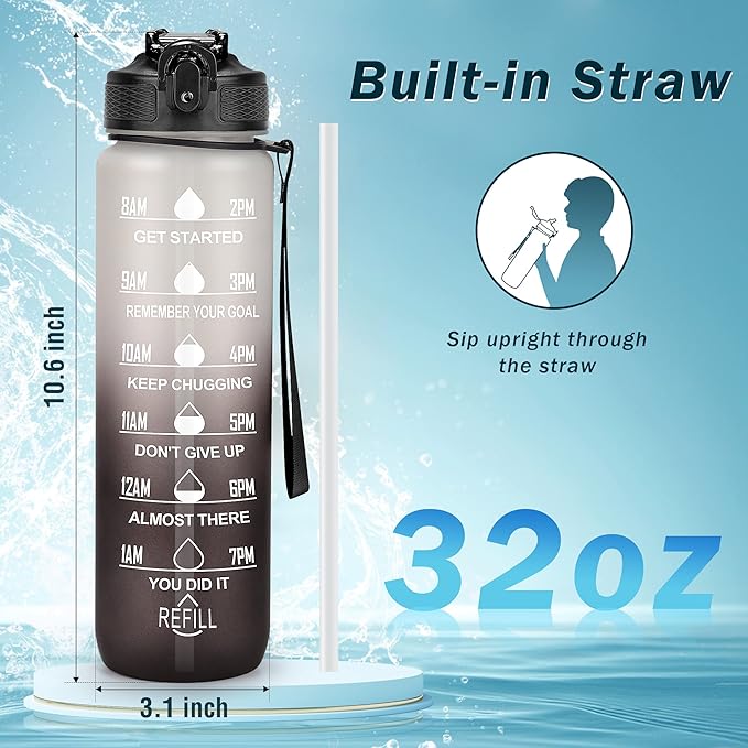 Motivational Water Bottle with Time Marker - 32oz, Leak-proof BPA Free Sports Water Bottles with Straw & Carrying Strap