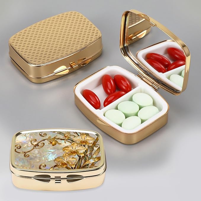 Dynippy Pill Case Pill Box with Mirror Retro Pocket 2 Compartment Medicine Case Vitamin Pill Organizer for Pocket Purse and Travel (Gold- Enamel Copper Flowers)
