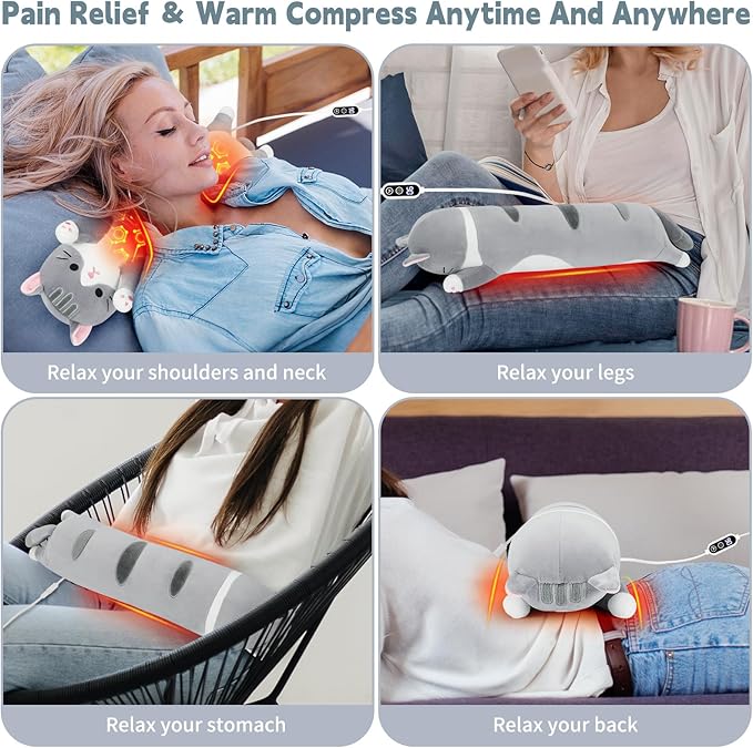 Cat Heating Pad-USB Heated Plush Stuffed Animals for Period Cramps and Menstrual Pain Relief,22” Portable Electric Kitten Heating Pads,Built-Pocket Plushie Women Girls Birthday Gifts,Gray