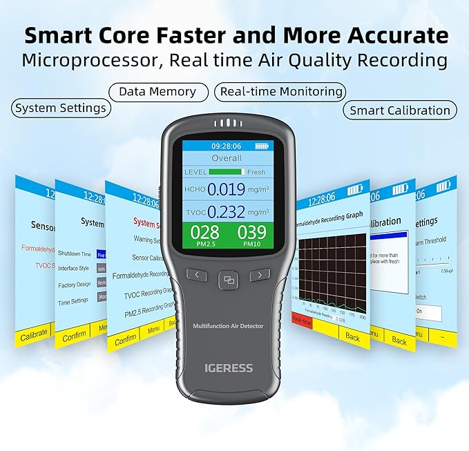 Air Quality Monitor Indoor, 5 in 1 Formaldehyde Detector, voc Meter, Detect Indoor HCHO,TVOC,AQI,PM2.5,PM10. Colorful LCD Screen & USB Charging