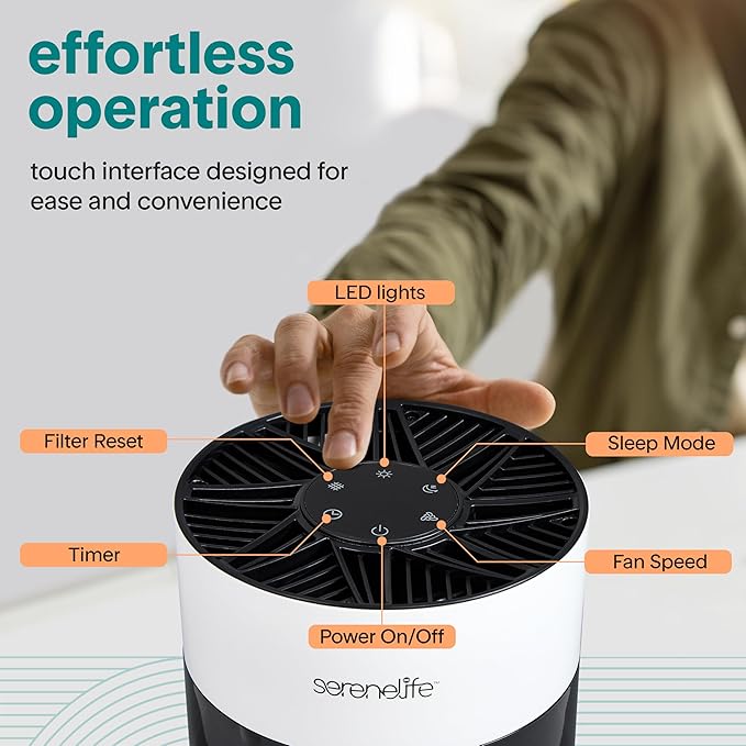 SereneLife Portable Air Purifier | Small Air Purifier For Home, Allergies, Pet Hair & Bedrooms | Filter Change Reminder & Aroma Box | Filtration Removes Dust, & Smoke Odor | Timer & Sleep Mode | White