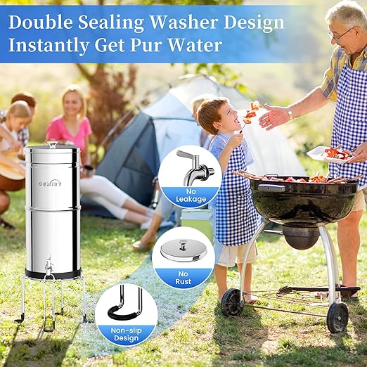 Gravity Water Filter System, 2.25G Stainless Steel Countertop System Water Purifier with Stand, Reduce 99% Chlorine for Home Camping Backpacking RVing, 2 Carbon Filters
