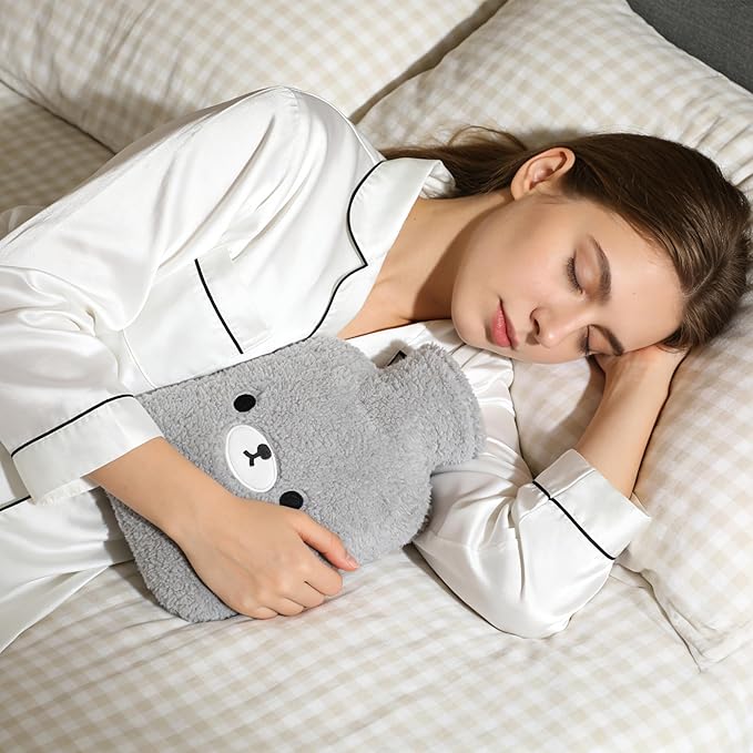 samply Hot Water Bottle with Cute Fleece Cover, Hot Water Bag for Hot and Cold Compress, Hand Feet Warmer, Neck and Shoulder Pain Relief, Grey Bear