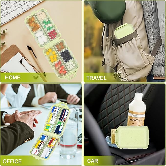 Travel Pill Organizer with Medicine Labels, 10 Compartments Travel Medicine Organizer Daily Small Pill Container Travel Pill Box Purse Pill Case (Yellow, 189 Lables)