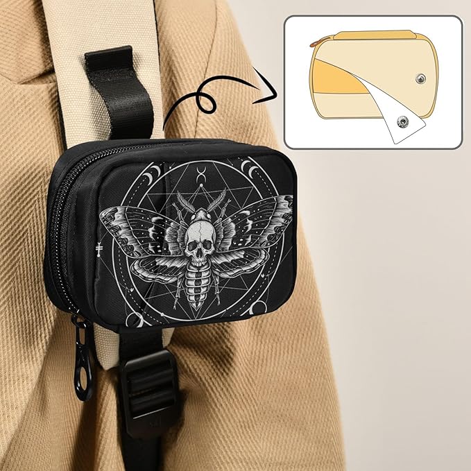 Travel Pill Organizer Bag Weekly Pill Organizer Case Goth Black Skull Moth Portable Small Daily Pill Boxes for Vitamin Fish Oils Supplement Holder with Zipper Compact Size