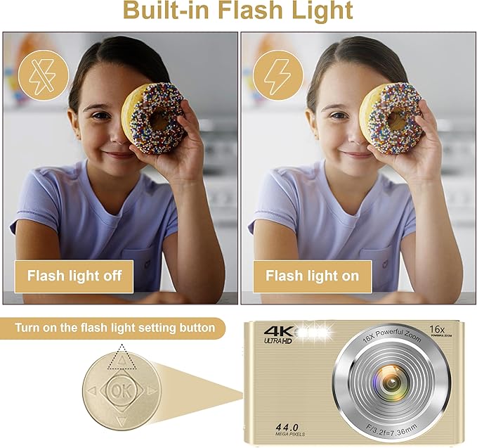 Digital Camera, 2026 FHD 4K Autofocus Digital Camera with 64GB SD Card 16X Digital Zoom, Gold Cameras for Photography Portable Compact Point and Shoot Camera for Teens Adult Kids Gift