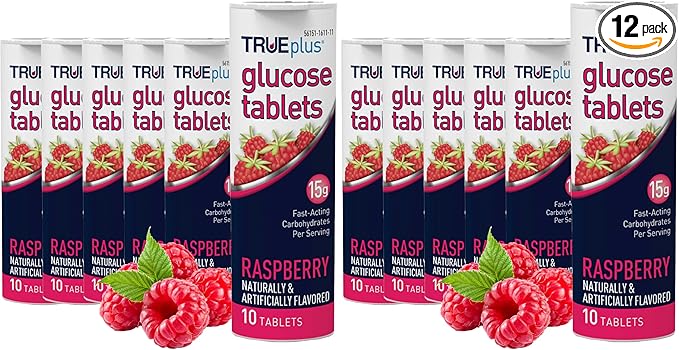 TRUEplus Glucose Tablets, Chewable, Raspberry Flavor, 15g Fast-Acting Carbohydrates, Fat Free, Gluten Free, Raise Low Blood Sugar and Boost Energy, 10 Count, 6 Tubes (Pack of 2)