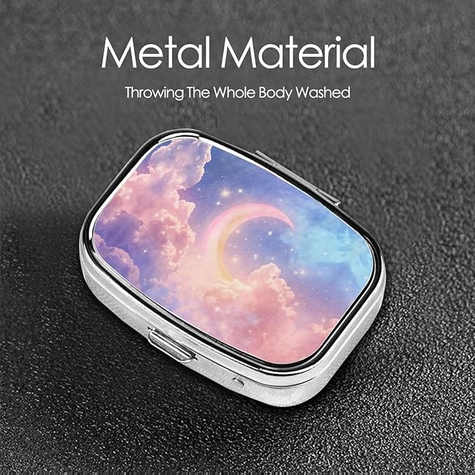 Dreamy Moon and Stars in Cloud Pill Box with Mirror 2 Compartments Square Pill Organizer for Pocket