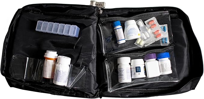 Large Medicine Bag Includes Pill Box and Removable Clear Bags, Prescription Bottle Organizer, Travel Carry Case, Combination Lock,12" x 10" x 2" (Black)