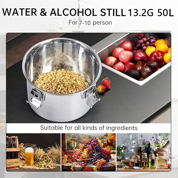 Alcohol Still 13.2 gal/50 L Alcohol Distiller Stainless Steel Distillery Kit for Alcohol With Copper Tube Water Pump Build-in Thermometer, Home Brewing Kit for DIY Whisky Wine Brandy Making