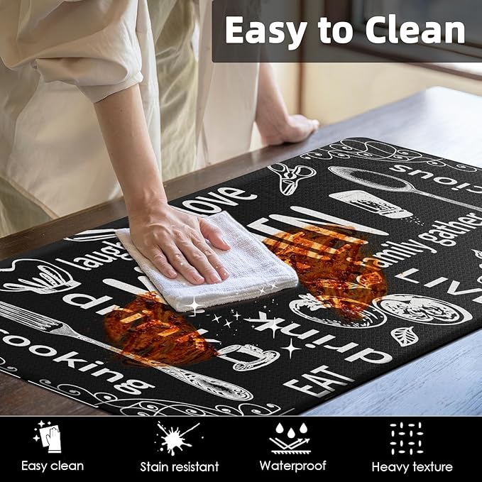 Arttown Black Anti-Fatigue Kitchen Rug Set of 2 Cooking Knife and Fork Cushioned Floor Standing Mat Waterproof Non-Slip Mat and PVC Ergonomic Comfort Foam Rug