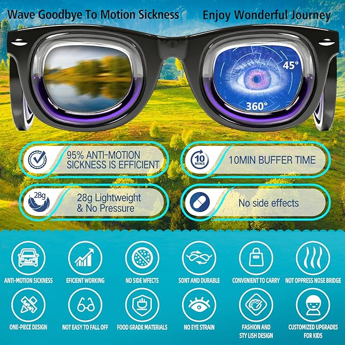 Hion 2 Pairs Kids Anti- Motion Sickness Smart Glasses, Ultra-Light Portable Nausea Relief Liquid Glasses, Carsickness Airsickness Seasickness Glasses, Kids Travel/Cruise Essentials