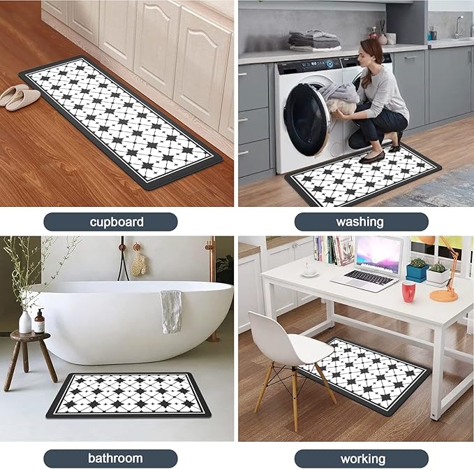 Artnice Kitchen Mat 2 PCS, Black White Plaid Cushioned Anti-Fatigue Kitchen Rug, Waterproof Non-Slip Kitchen Mats and Rugs, Heavy Duty Ergonomic Comfort Rug for Kitchen, Floor, Office, Sink