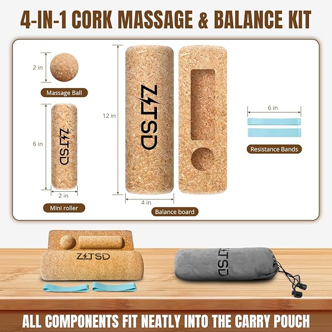 Natural Cork Balance Board Kit - 4-in-1 Foot & Ankle Training Set with 2 Balance Boards,Mini Roller, Massage Ball & Toe Resistance Bands - Portable Balance Trainer for Runners, Athletes & Seniors - Tan