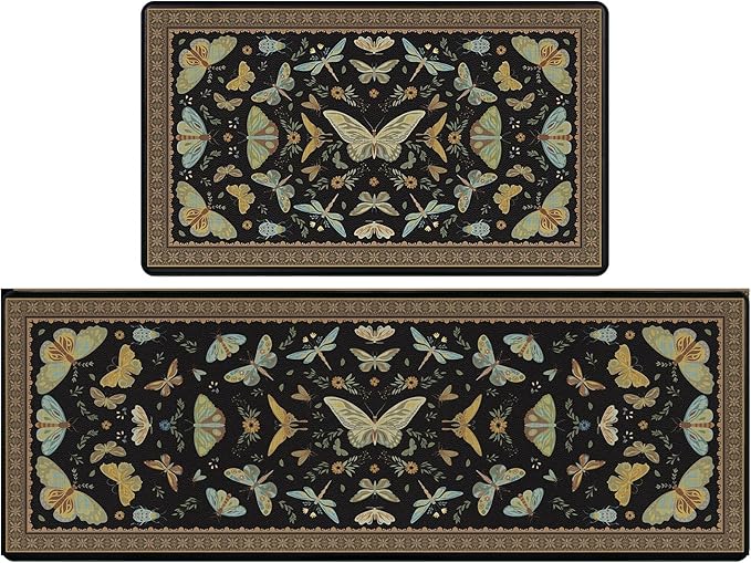 Yinhua Kitchen Rugs Sets of 2, Black Insect Kitchen Rugs Non Slip Washable, Farmhouse Anti Fatigue Mats for Kitchen Floor, PVC Waterproof Rug for Spring Summer, 18"x30"+18"x48"