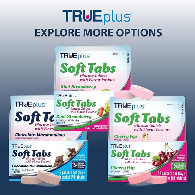 TRUEplus Soft Tabs Glucose Tablets, Chewable, Chocolate Marshmallow Flavor, 16g Fast-Acting Carbohydrates, Fat Free, Gluten Free, Raise Low Blood Sugar and Boost Energy, 4 Count, 72 Packs