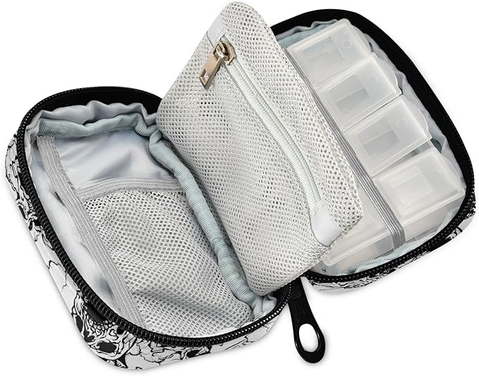 Skulls Pill Box 7 Day Pill Case Travel Pill Organizer Bag Container for Medicine with Zipper Portable Weekly Case Compact Size for Medicine, Vitamin, Supplement